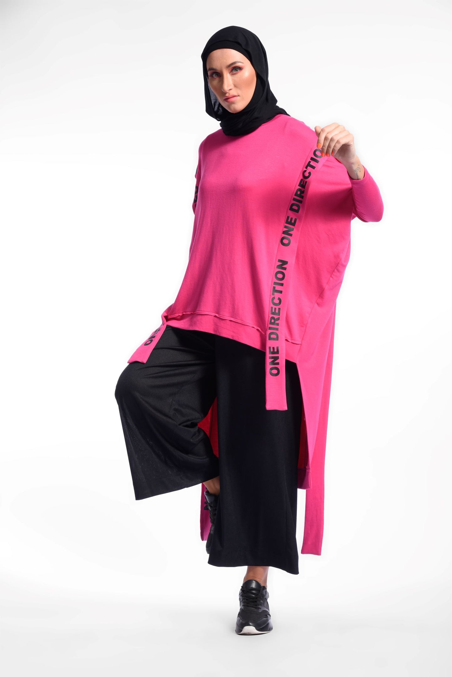 Fuchsia Round Neck Long Sleeves High-Low Loose T-Shirt