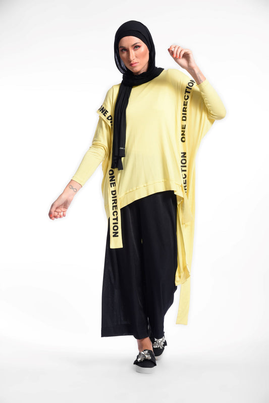 Yellow  Round Neck Long Sleeves High-Low Loose T-Shirt