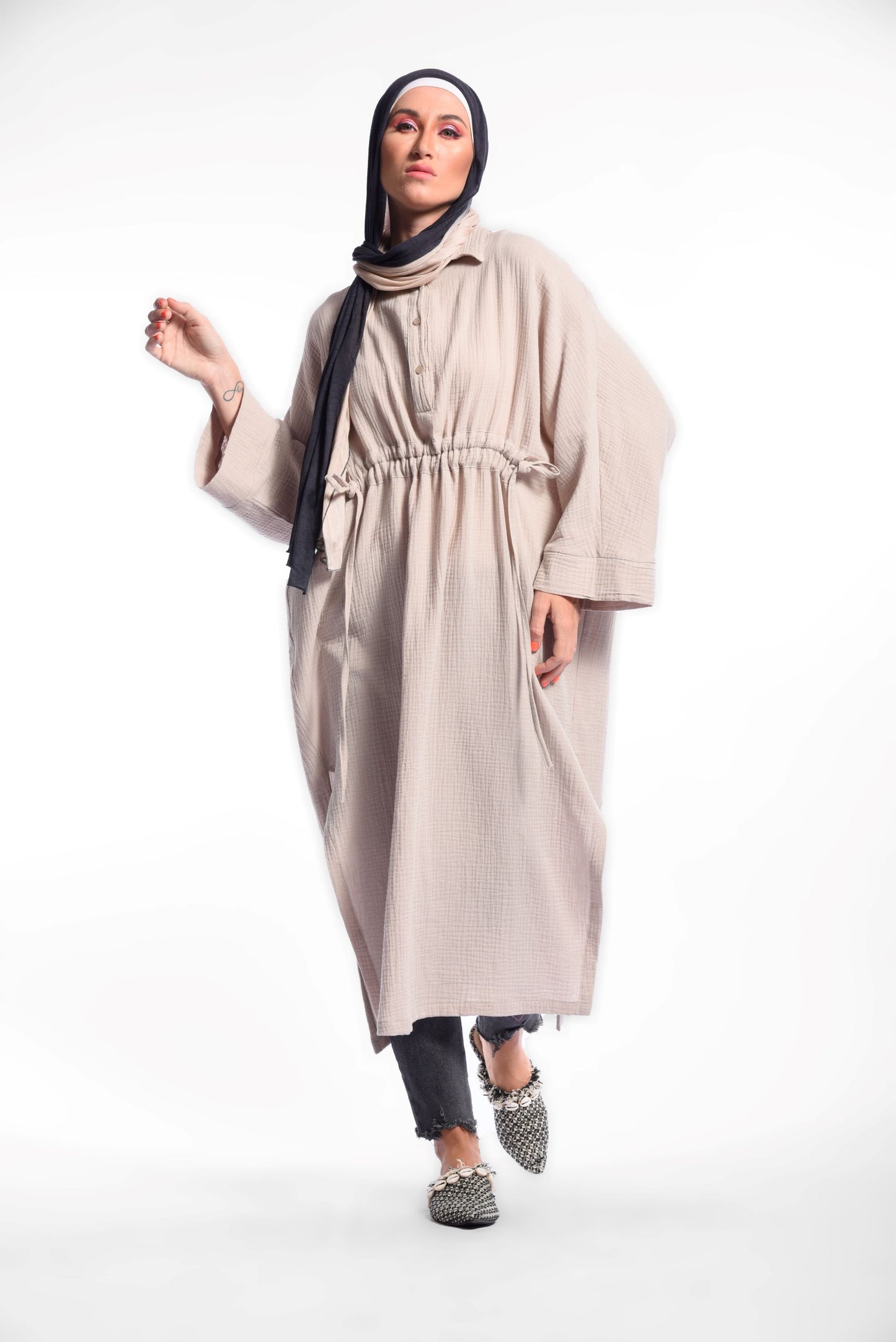 Beige Long Sleeve Midi Dress With Side Slit